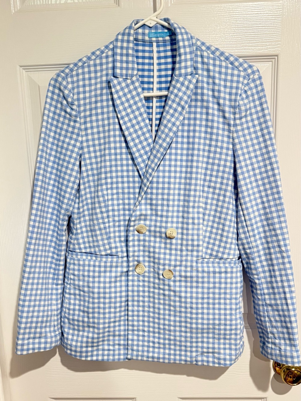 J. McLaughlin Light Blue and White Gingham Double-Breasted Blazer